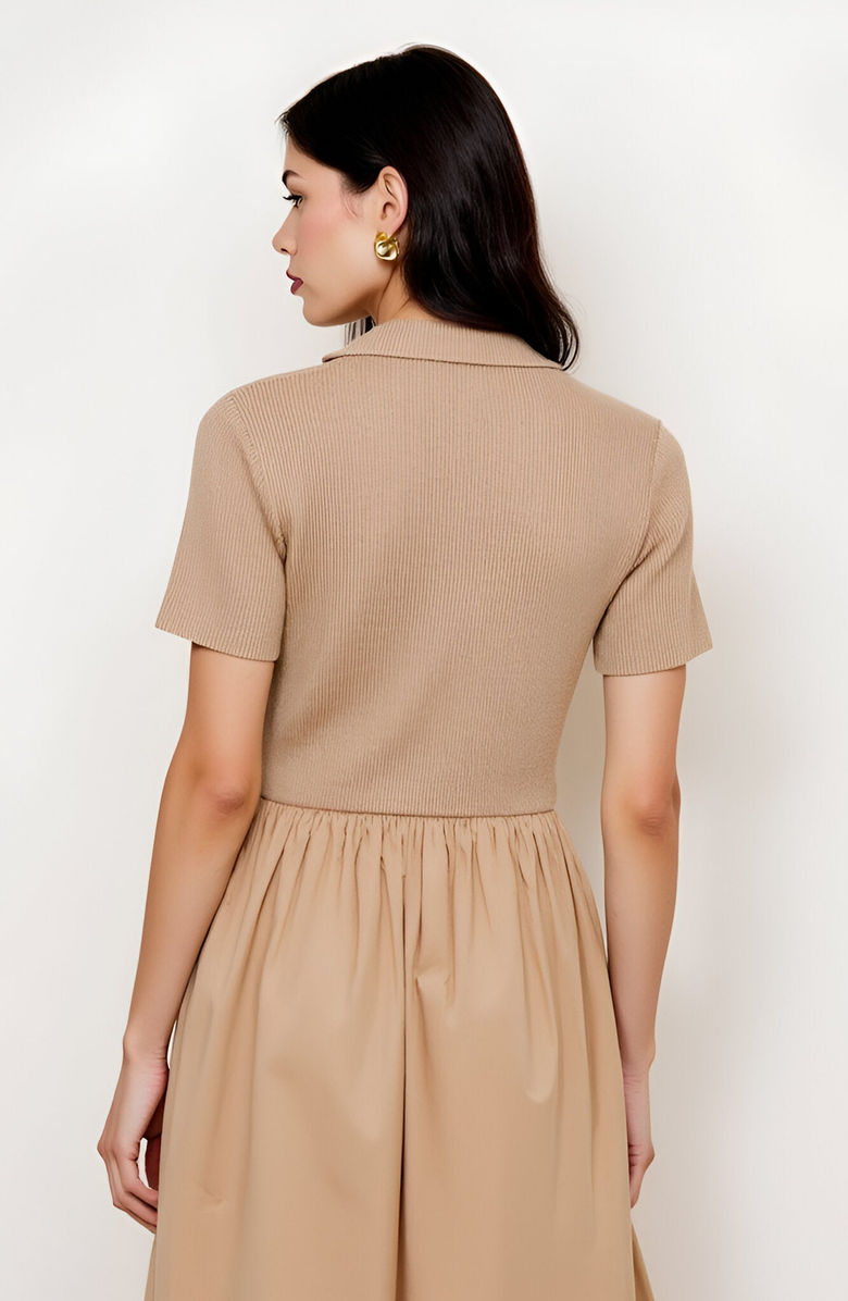 Modenaire Polo Collar Short-Sleeve Gathered A-Line Midi Sweater Dress, Alternate, color, Beige
