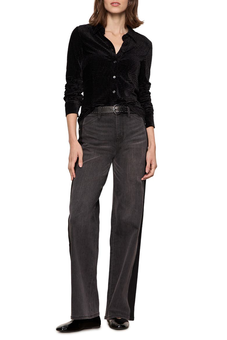 Fitted Textured Stripe Velvet Button-Up Shirt, Alternate, color, BLACK