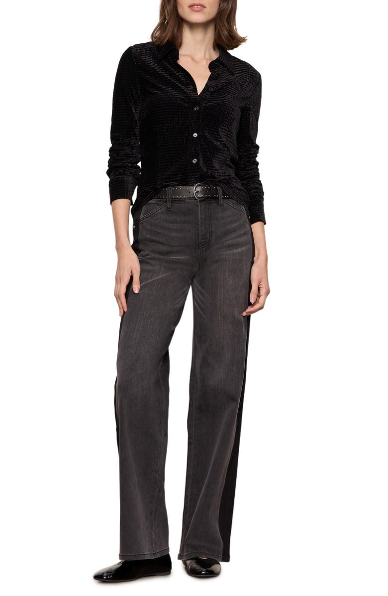 Sanctuary Fitted Textured Stripe Velvet Button-Up Shirt, Alternate, color, Black