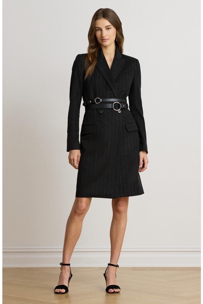 Pinstripe Double Breasted Wool Blend Dress, Alternate, color, GREY/ CREAM