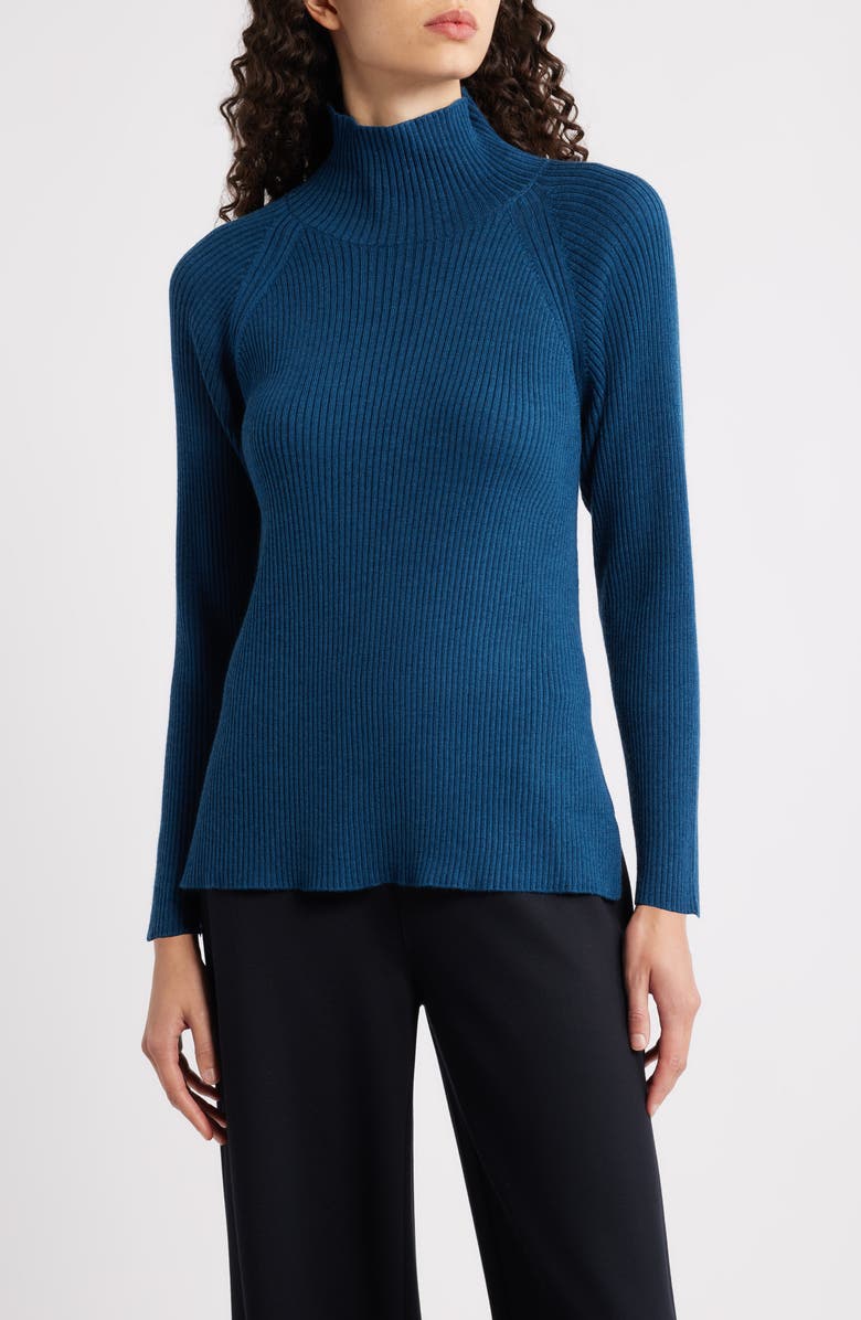 Eileen Fisher Rib Turtleneck Wool Sweater, Main, color, Atlantis