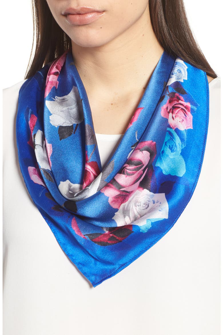 Print Silk Scarf, Main, color, BLUE GLAM ROCK ROSE PRINT