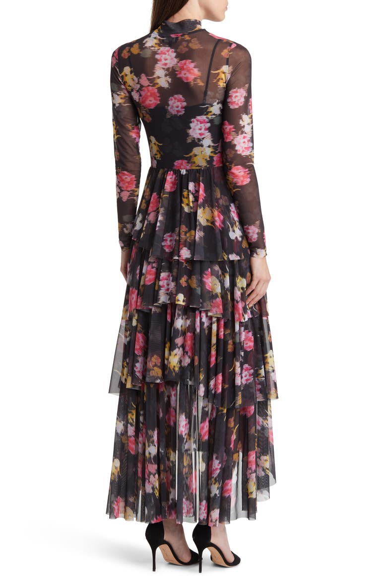 Tiloula Floral Ruched Long Sleeve Tiered Midi Dress, Alternate, color, BLACK