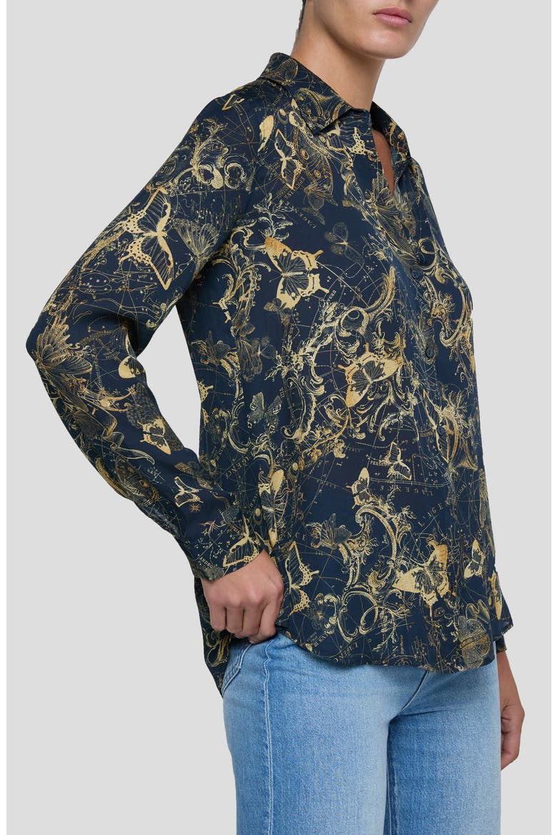 Nina Zodiac Toile Print Silk Button-Up Shirt, Alternate, color, MIDNIGHT/ GOLD ZODIAC TOILE