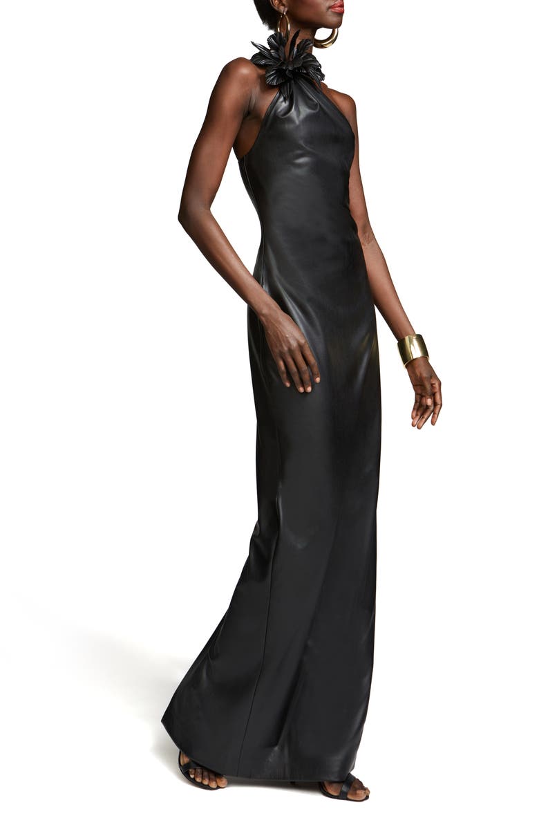 HALSTON Rhia One-Shoulder Faux Leather Gown, Alternate, color, Black