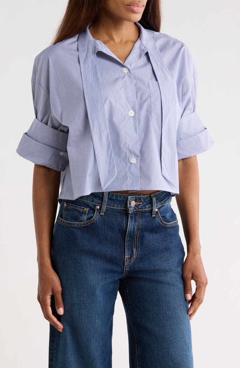 TWP Next Ex Striped Tie Neck Cotton Shirt, Main, color, Indigo / White