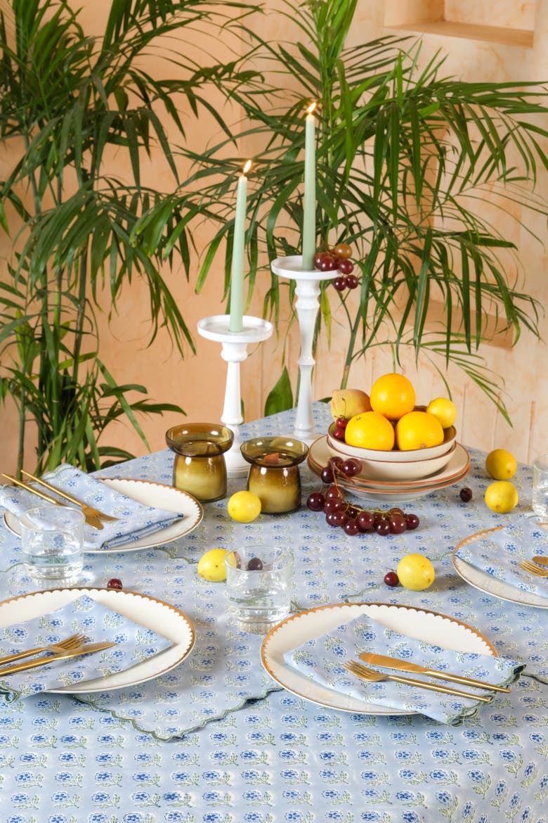 Mona Scallop Embroidered Blockprint Tablecloth, Alternate, color, 60x90