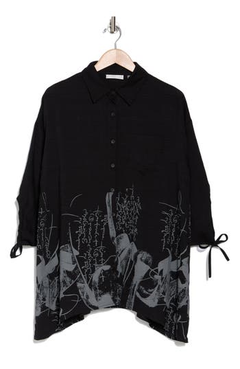 Patrizia Luca Border Print Button-up Tunic Shirt In Black