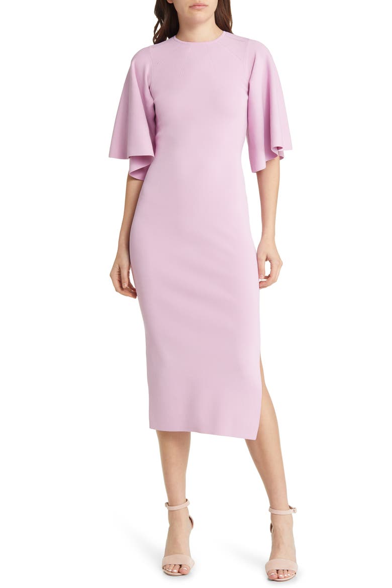 Lounia Fluted Sleeve Body-Con Sweater Dress, Main, color, LILAC