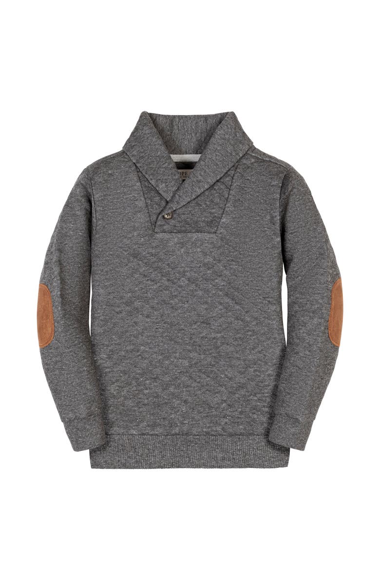 Hope & Henry Kids' Long Sleeve Quilted Shawl Collar Sweatshirt with Elbow Patches, Main, color, Quilted Dark Gray Heather