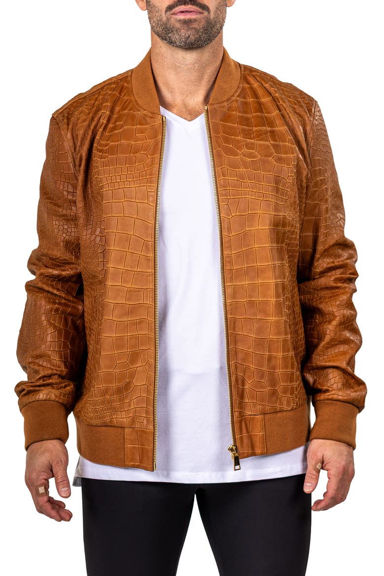 Marthyr Croc Embossed Leather Bomber Jacket, Main, color, BROWN