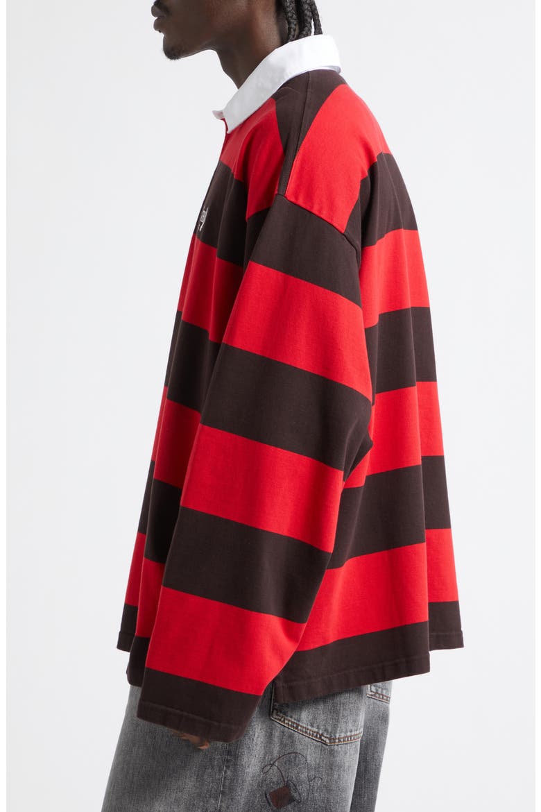Laurel Embroidered Stripe Mixed Media Rugby Polo, Alternate, color, 1273 DARK BROWN/ RED