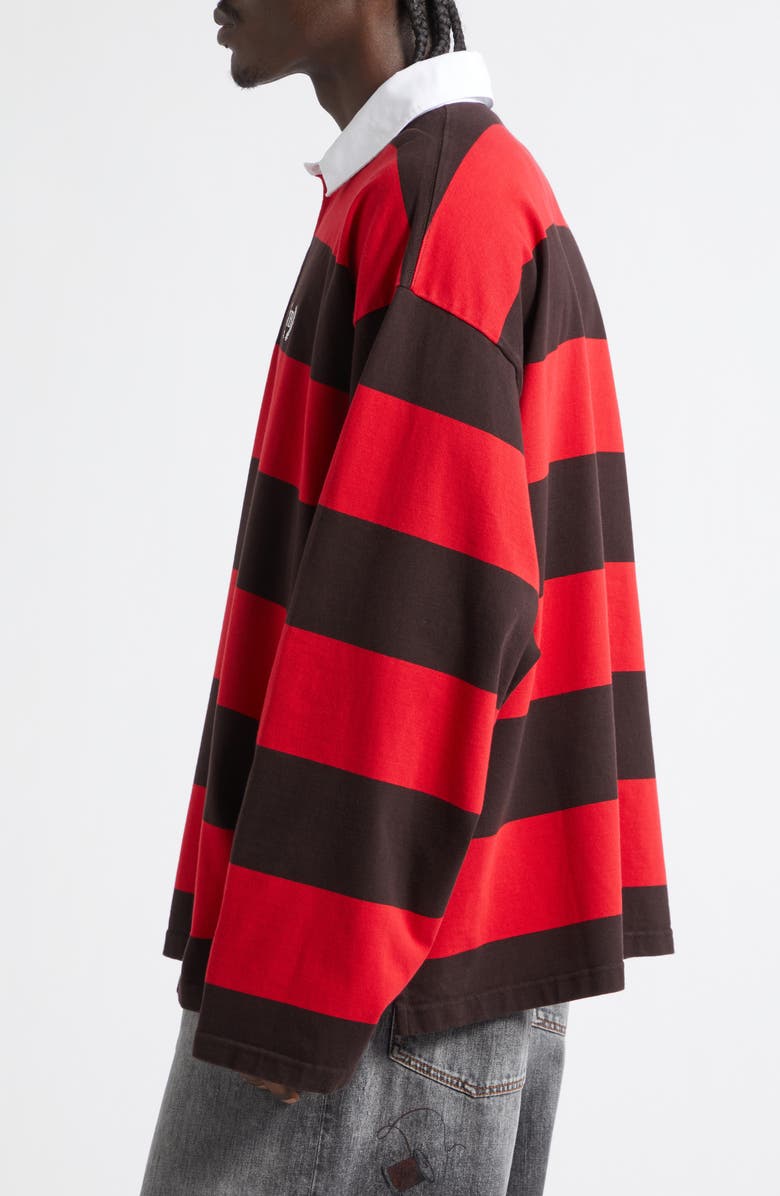 Balenciaga Laurel Embroidered Stripe Mixed Media Rugby Polo, Alternate, color, 1273 Dark Brown/ Red