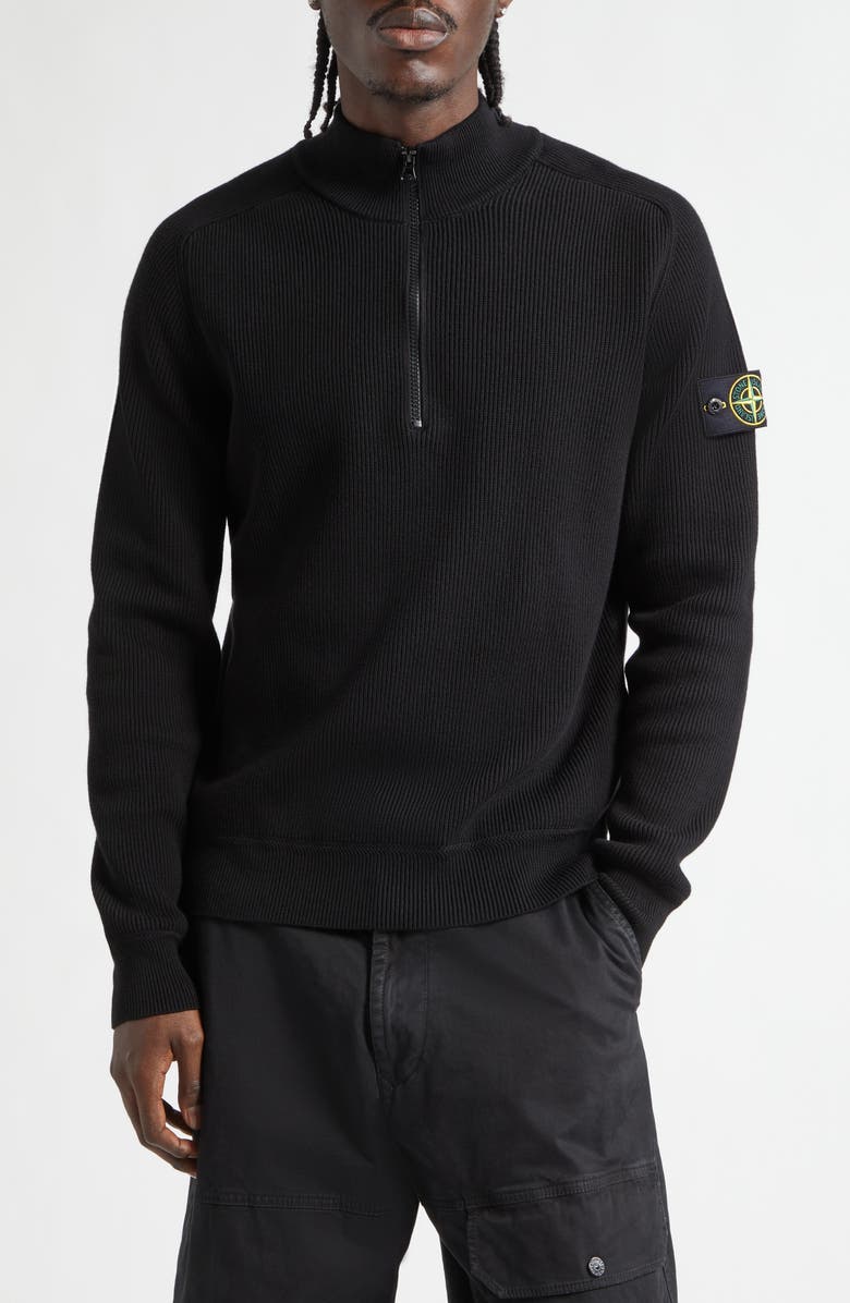 Stone Island Organic Cotton Rib Half Zip Sweater, Main, color, Black