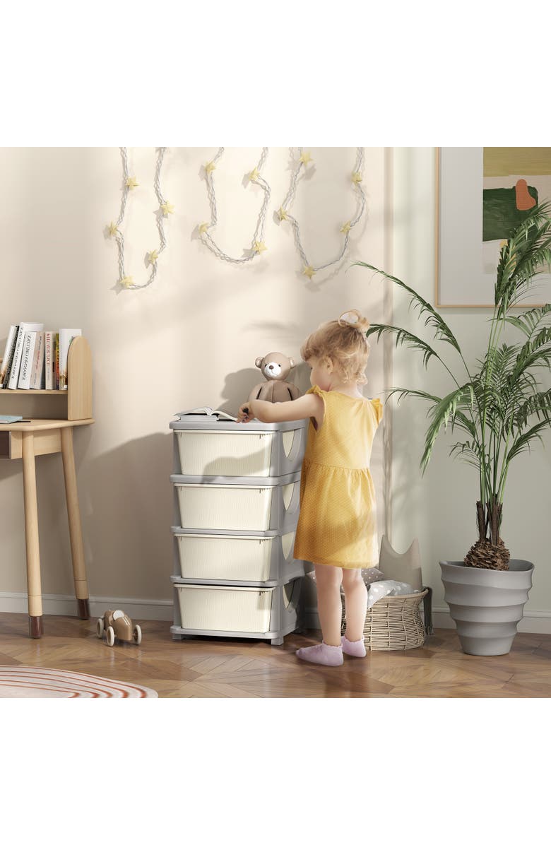 Qaba 4-Tier Kids Storage Unit with Drawers​, Alternate, color, Cream White