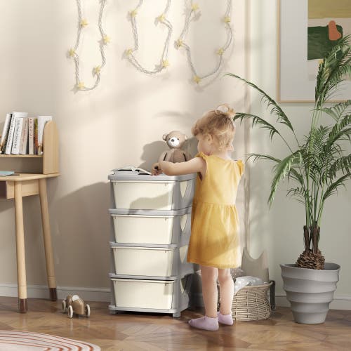 Qaba 4-tier Kids Storage Unit With Drawers In White
