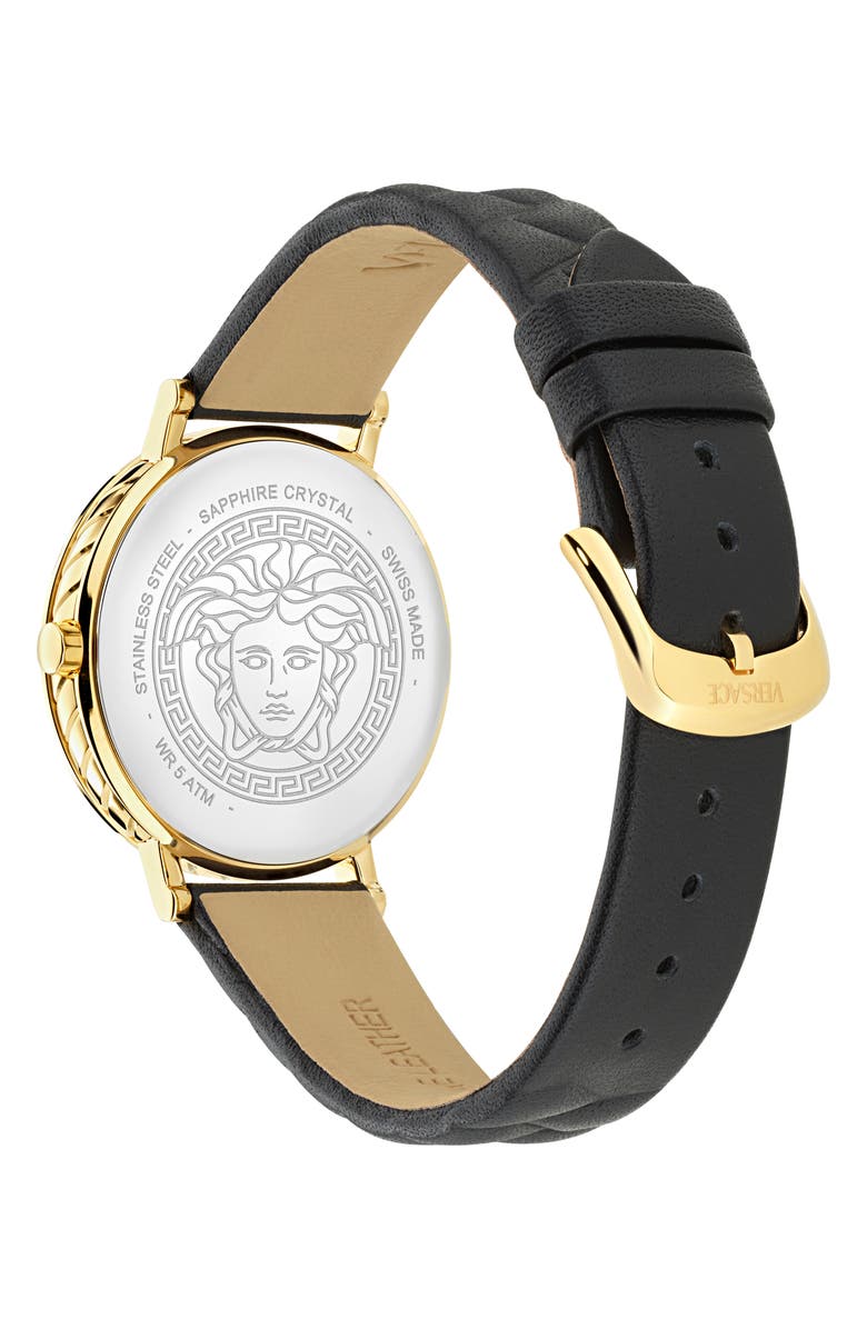 Versace Delphinus Leather Strap Watch, 35mm, Alternate, color, Yellow Gold