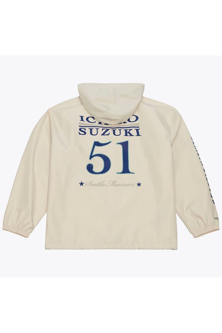 Men's Mitchell & Ness Ichiro Suzuki Cream Seattle Mariners Full-Snap Yacht Rock Name & Number Hooded Coach's Jacket, Alternate, color, Cream