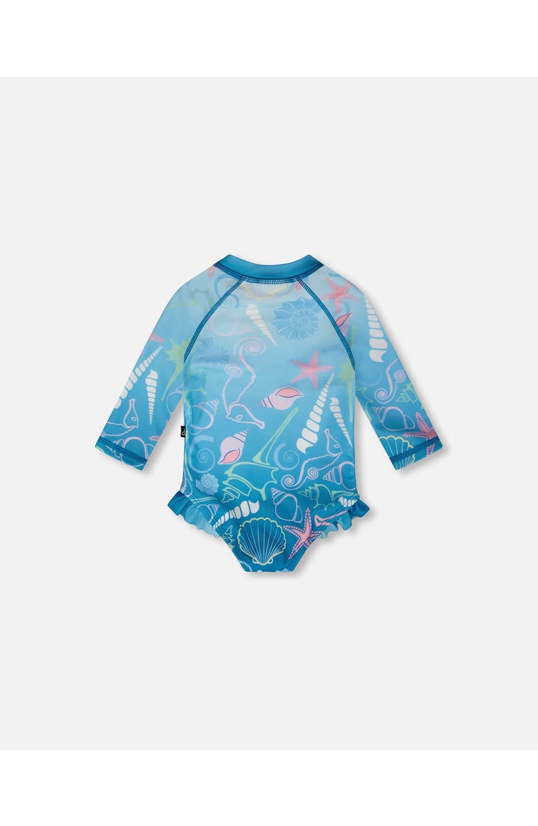 Deux par Deux One-Piece Long Sleeve Shell Print Rashguard, Alternate, color, Blue Seashell Print