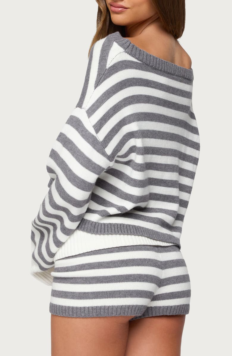 EDIKTED Saphi Stripe Off the Shoulder Sweater, Alternate, color, Gray-And-White
