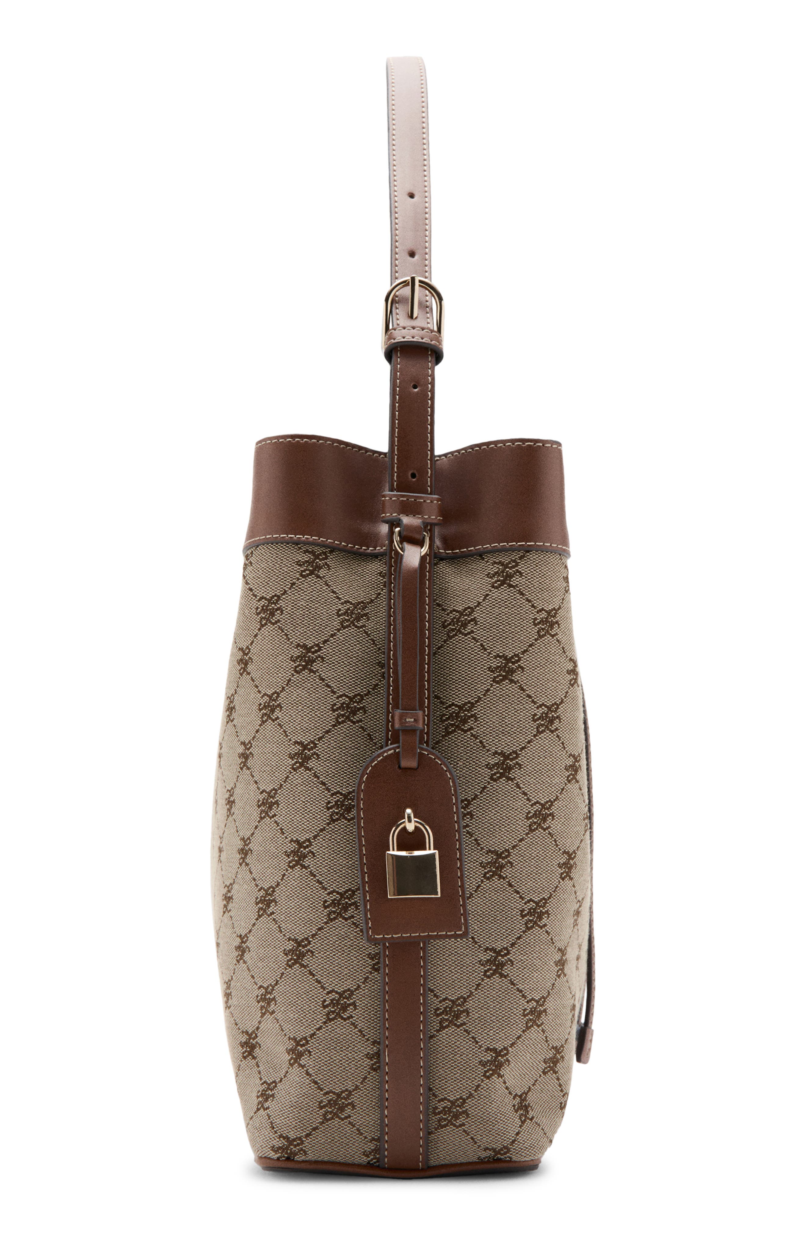 MANGO Logo Jacquard Bucket Bag, Alternate, color, Faux Leather