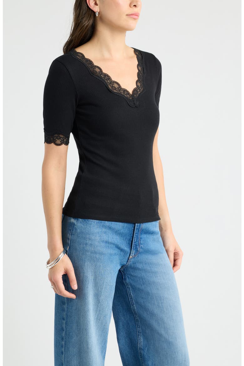 Lace Trim Knit T-Shirt, Alternate, color, BLACK