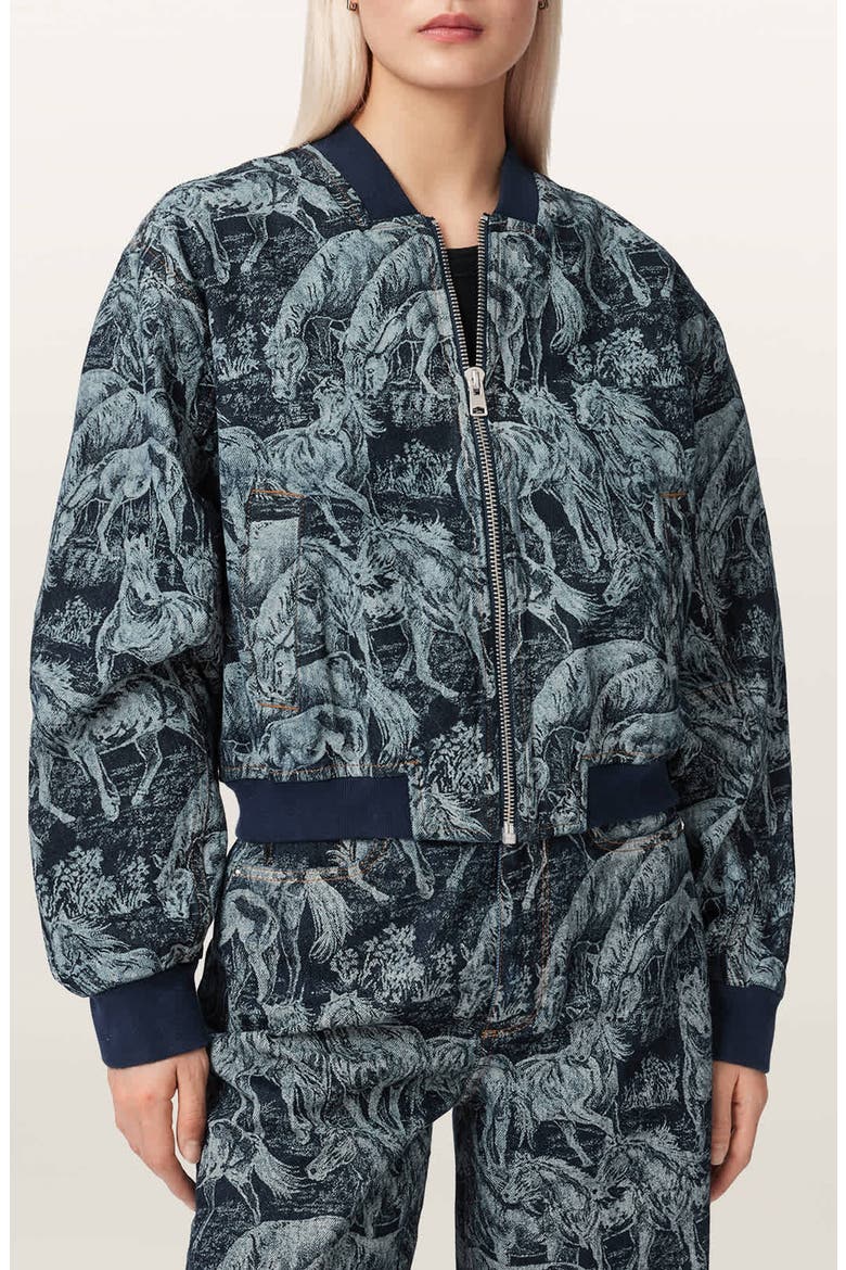 Kaytra Horse Print Denim Bomber Jacket, Main, color, PRINTED INDIGO