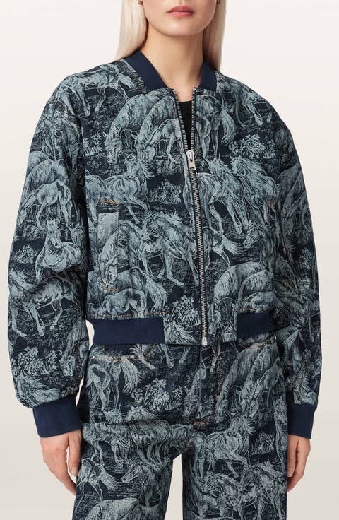 Kaytra Horse Print Denim Bomber Jacket