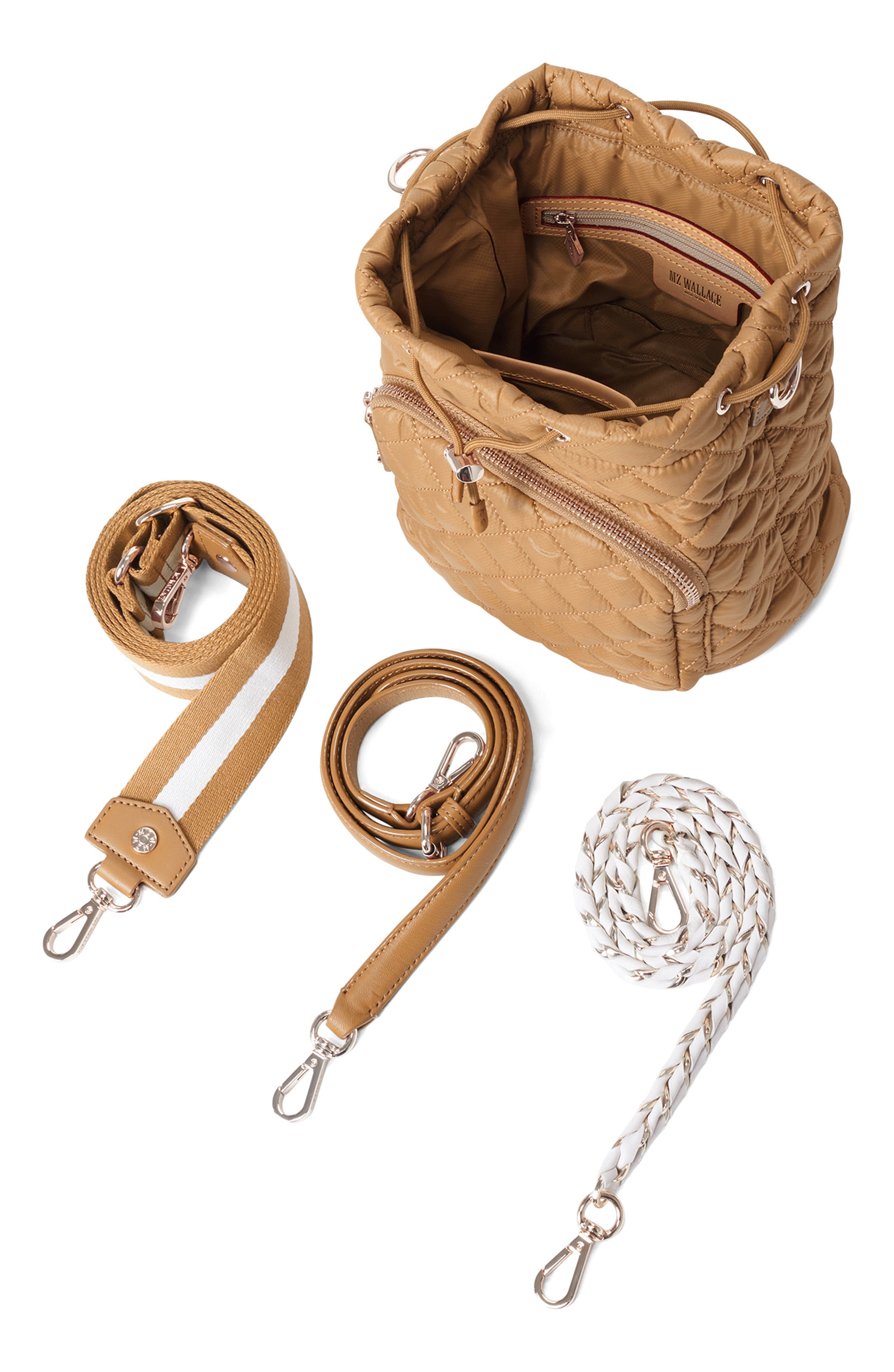 Crosby Drawstring Quilted Nylon Bucket Bag, Alternate, color, CARAMEL