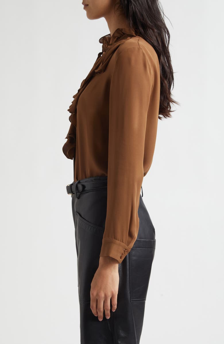 Nili Lotan Lily Ruffle Silk Shirt, Alternate, color, Cognac