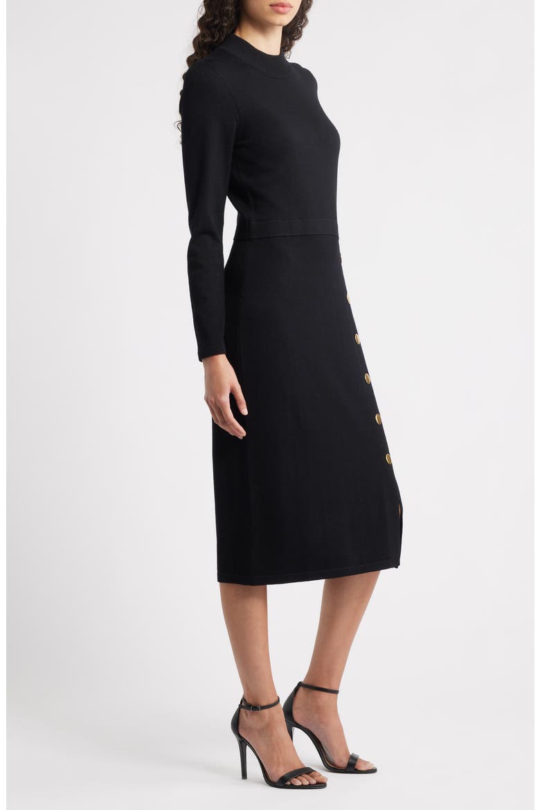 Button Mock Neck Long Sleeve Midi Dress, Alternate, color, BLACK