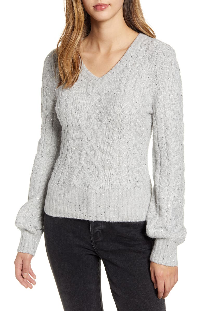 Rachel Parcell Sequin Cable Knit Puff Sleeve Sweater, Main, color, 