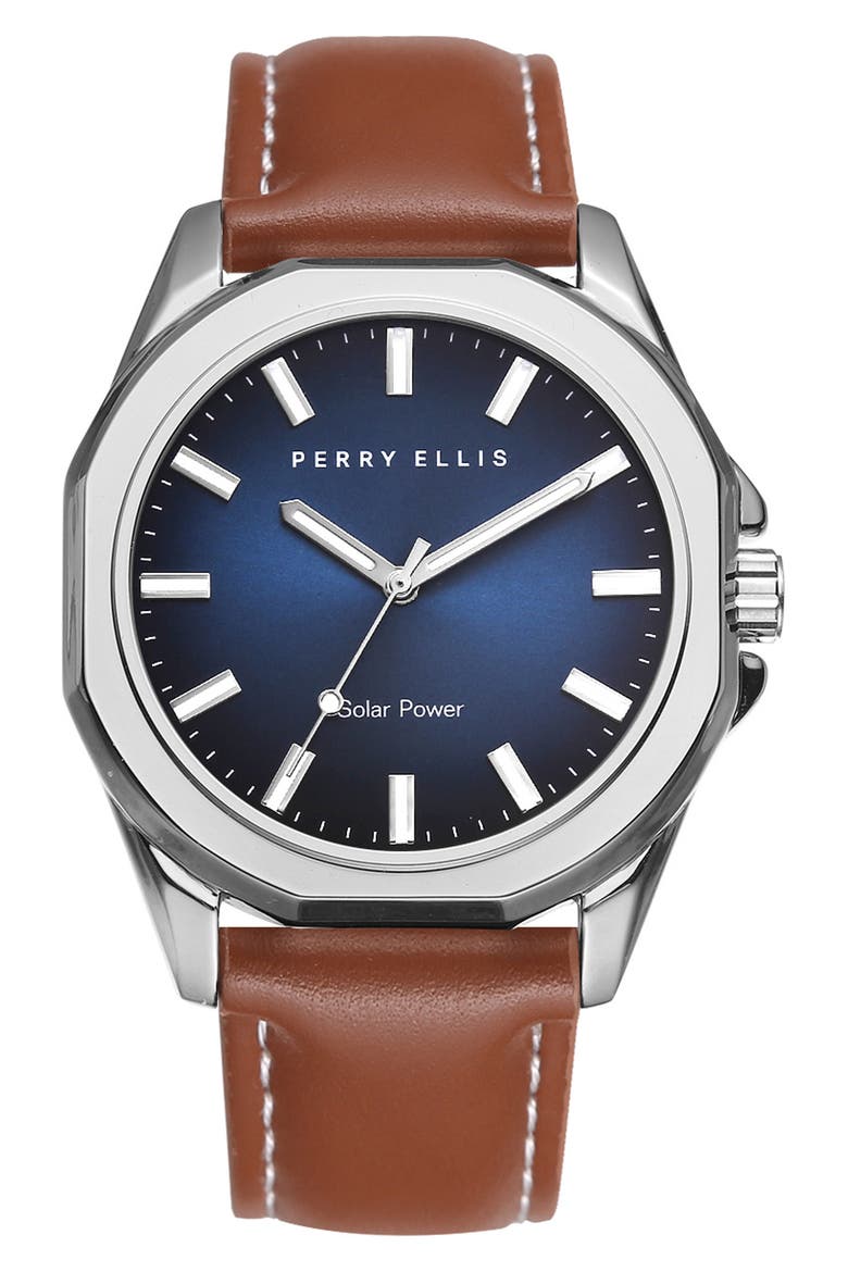 Solar Powered 3-Hand Quartz Leather Strap Watch, 41mm, Main, color, SILVER