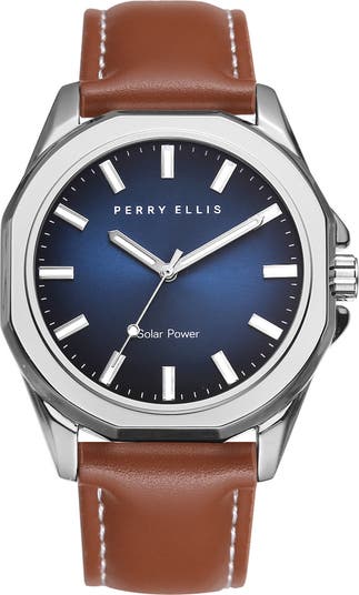 Solar Powered 3-Hand Quartz Leather Strap Watch, 41mm