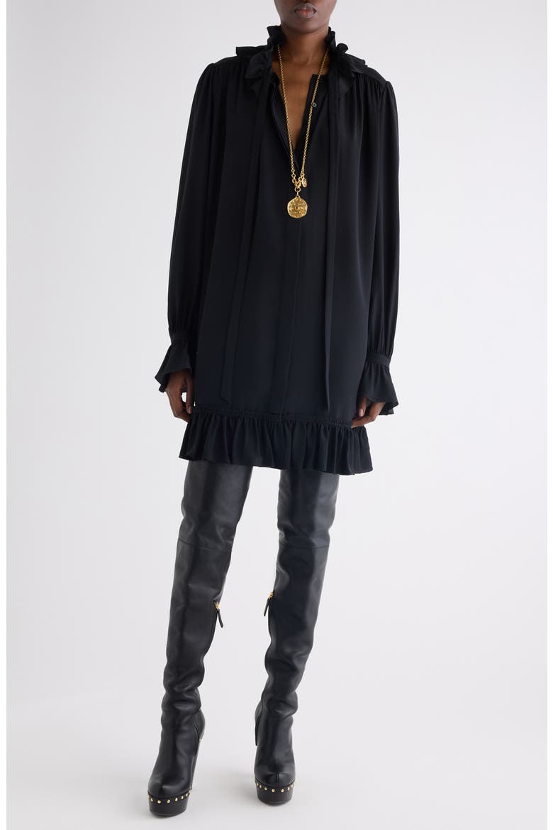 Long Sleeve Organic Silk Crêpe de Chine Minidress, Alternate, color, BLACK