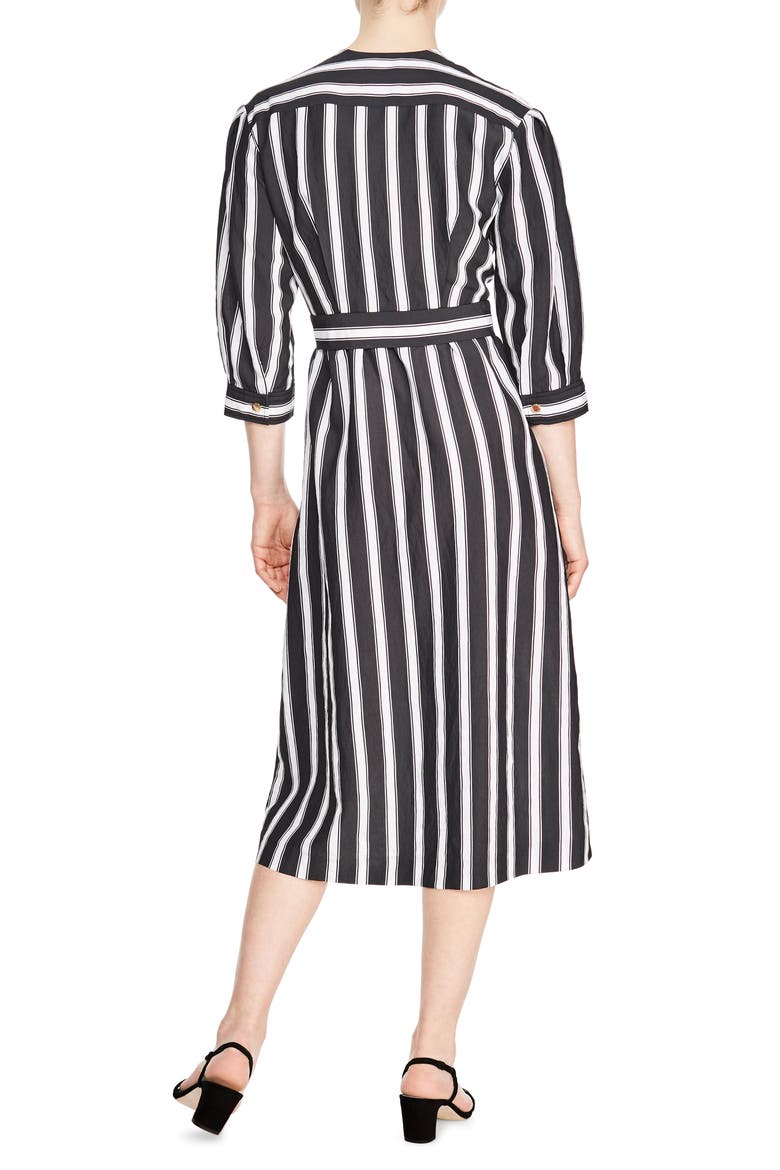 Carl Button Front Stripe Midi Dress, Alternate, color, BLACK