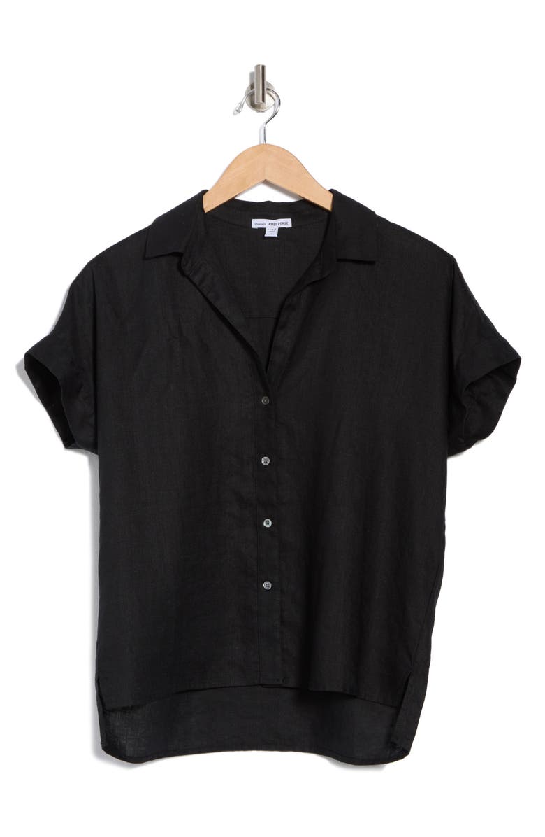 James Perse Short Sleeve Linen Button-Up Shirt, Alternate, color, Black