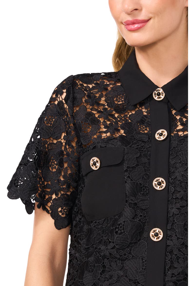 Floral Lace Short Sleeve Button-Up Shirt, Alternate, color, RICH BLACK