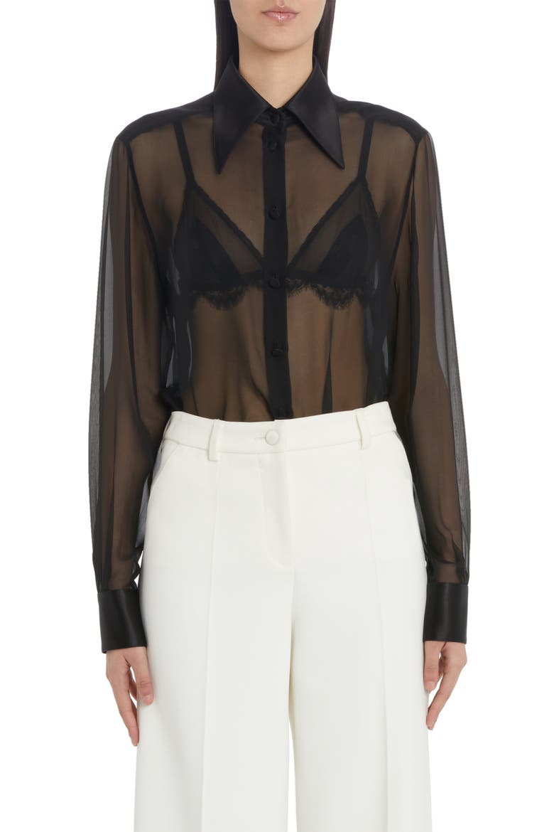 Sheer Stretch Silk Chiffon Blouse, Main, color, BLACK