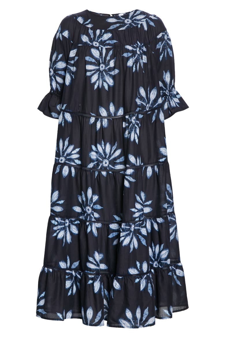 Paradis Tiered Puff Sleeve Cotton Dress, Alternate, color, NAVY / FLORAL PRINT