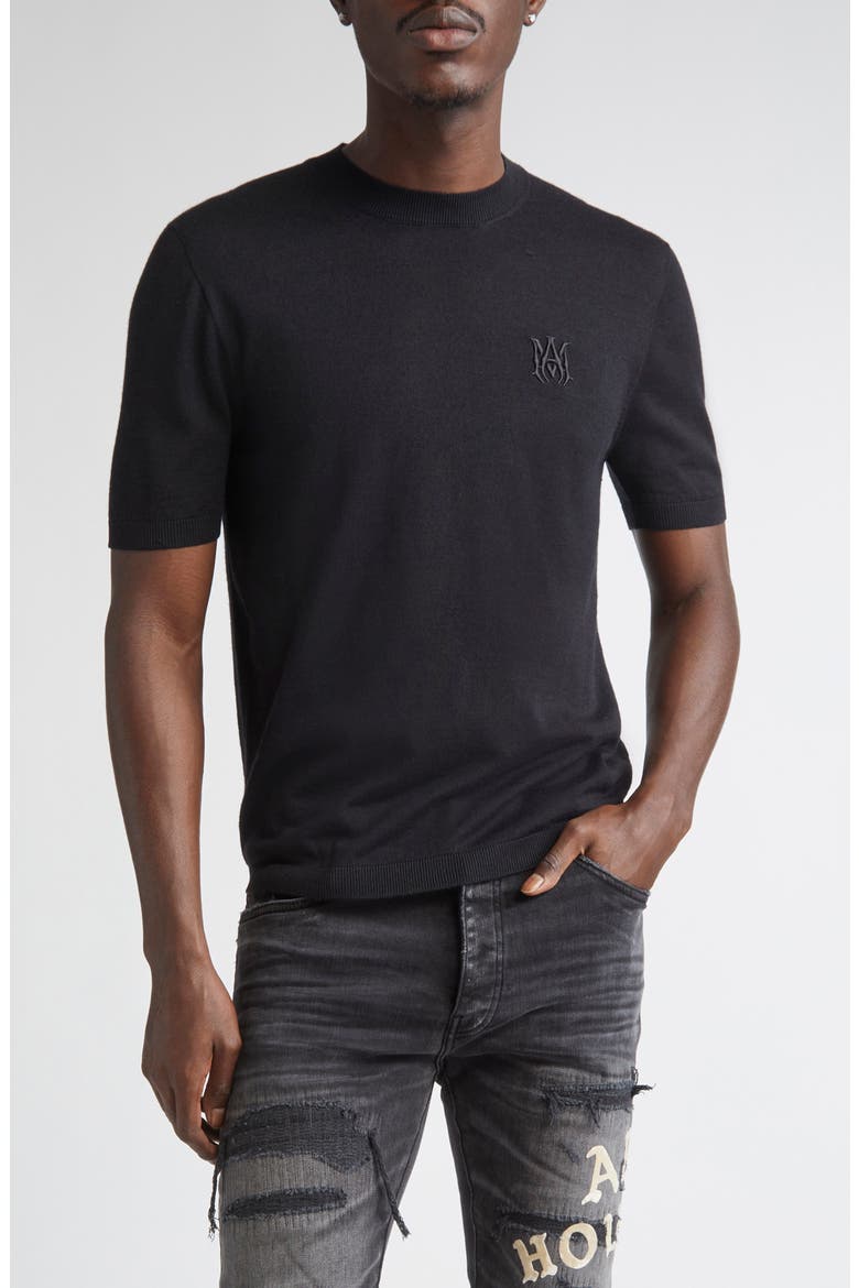 MA Monogram Embroidered Short Sleeve Wool & Silk Sweater, Main, color, BLACK