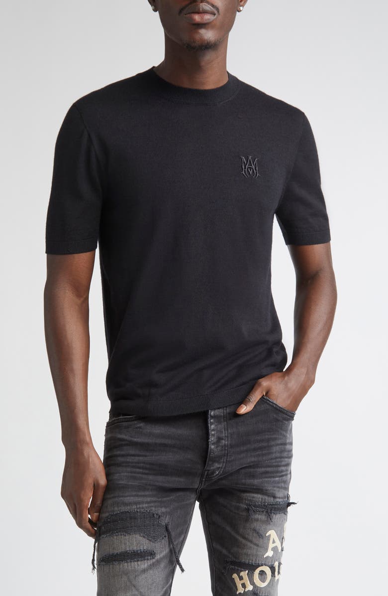 AMIRI MA Monogram Embroidered Short Sleeve Wool & Silk Sweater, Main, color, Black