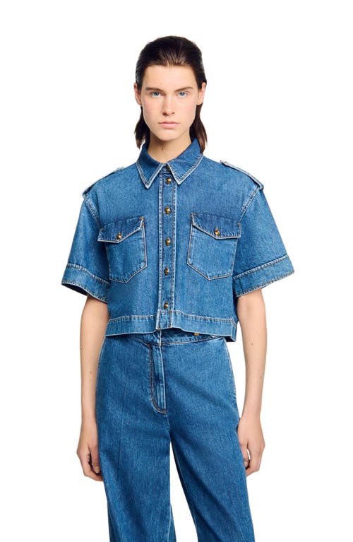 Sandro Cropped Denim Shirt In Blue