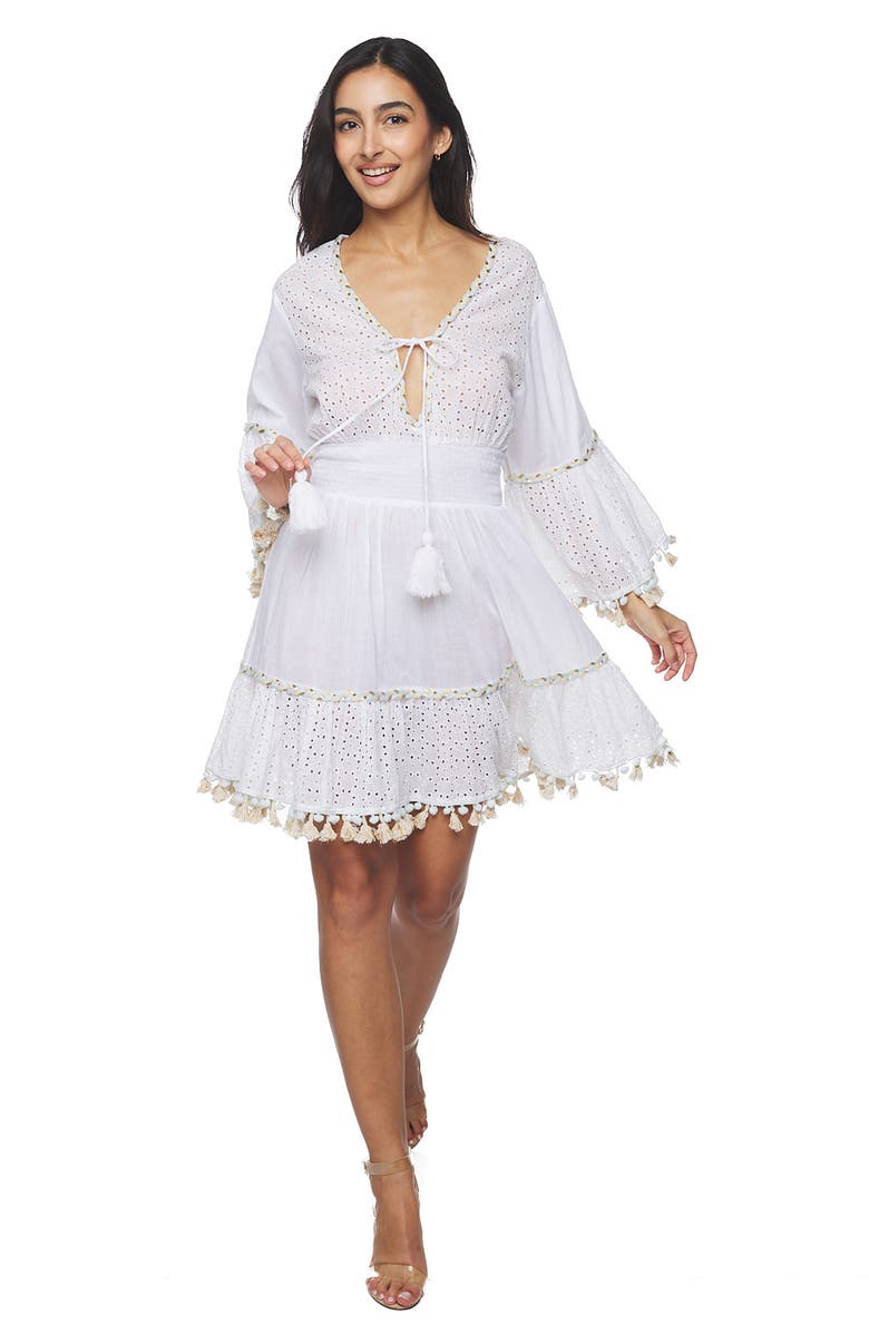 RANEES Tassel Trim Eyelet Dress, Alternate, color, White