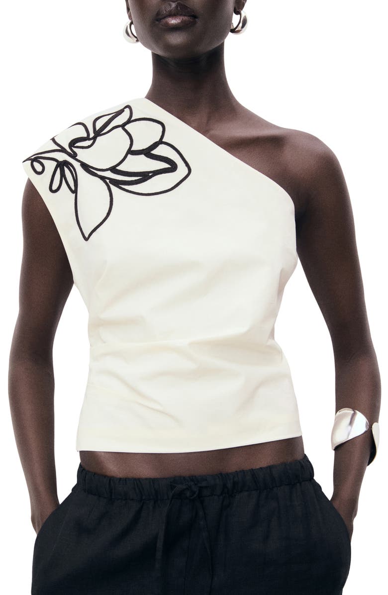MANGO Floral Embroidery One-Shoulder Cotton Top, Main, color, Off White