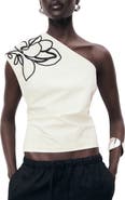 MANGO Floral Embroidery One-Shoulder Cotton Top