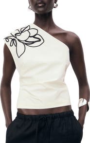 MANGO Floral Embroidery One-Shoulder Cotton Top
