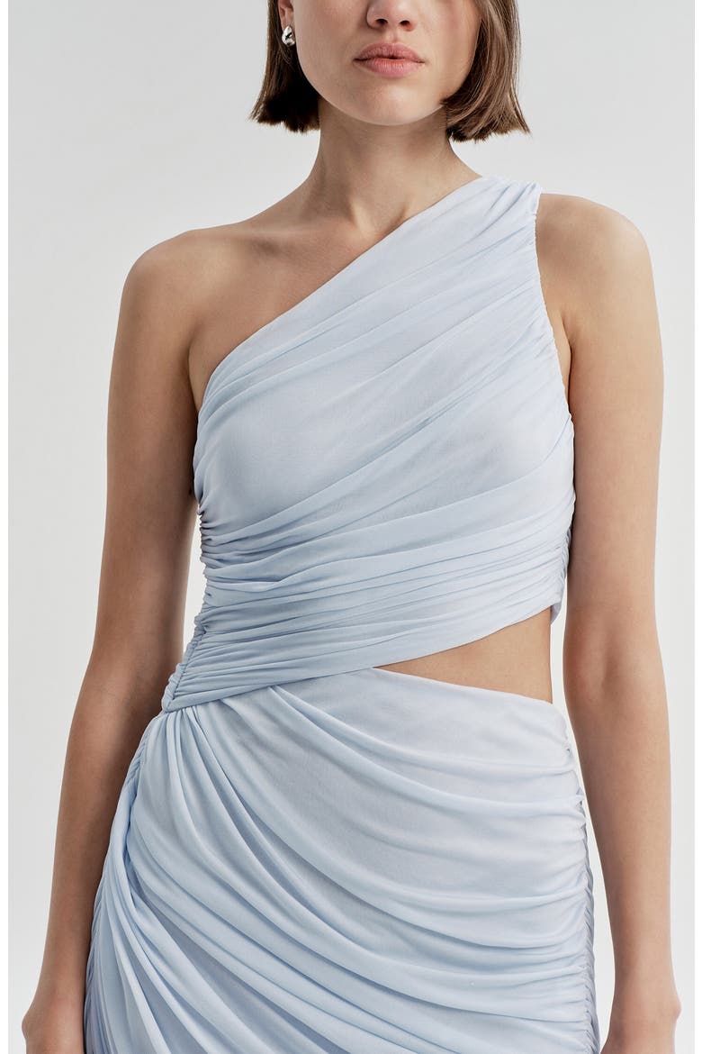 Cleo One-Shoulder Cutout Detail Asymmetric Mesh Maxi Dress, Alternate, color, SKY BLUE