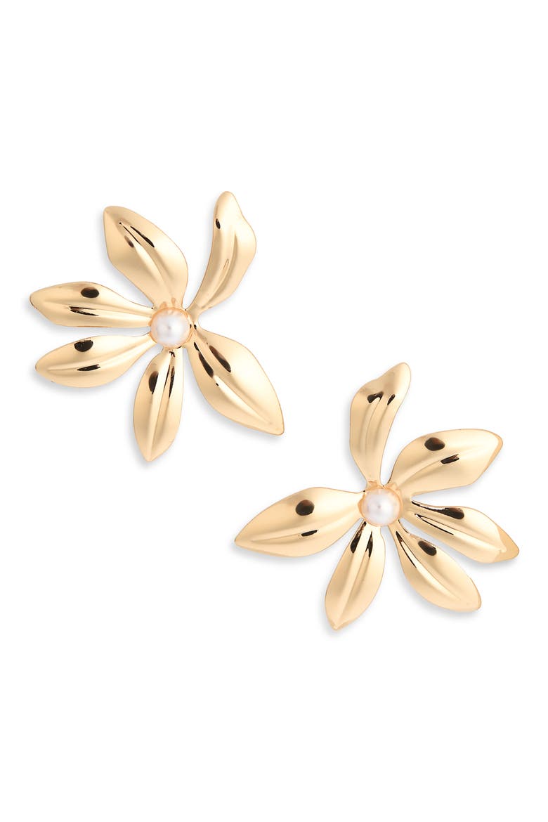 Imitation Pearl Floral Stud Earrings, Main, color, WHITE- GOLD