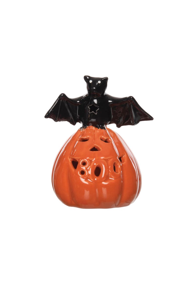 Jack O' Lantern Pumpkin Bat LED Small Halloween Figurine, Main, color, Orange
